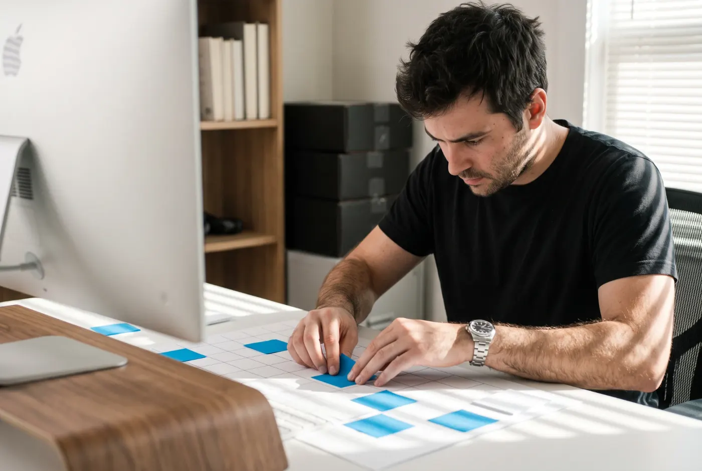 Planejamento de campanha com post-its azuis organizados numa grade sobre a mesa